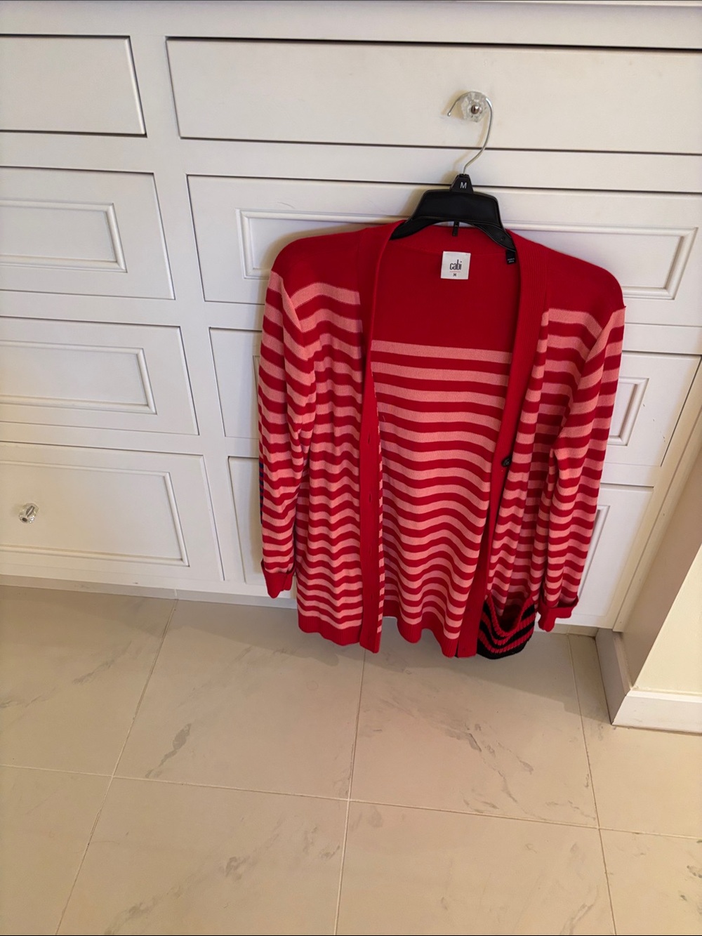 cAbi Red and Pink Striped Open-Front Cardigan